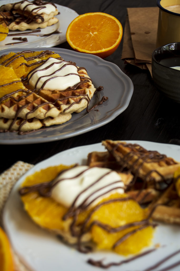 waffles with chocolate, orange and crème freîche
