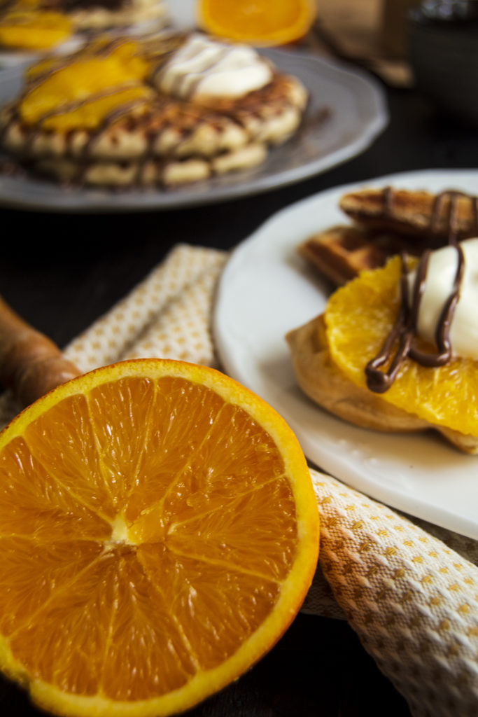 waffles with chocolate, orange and crème freîche